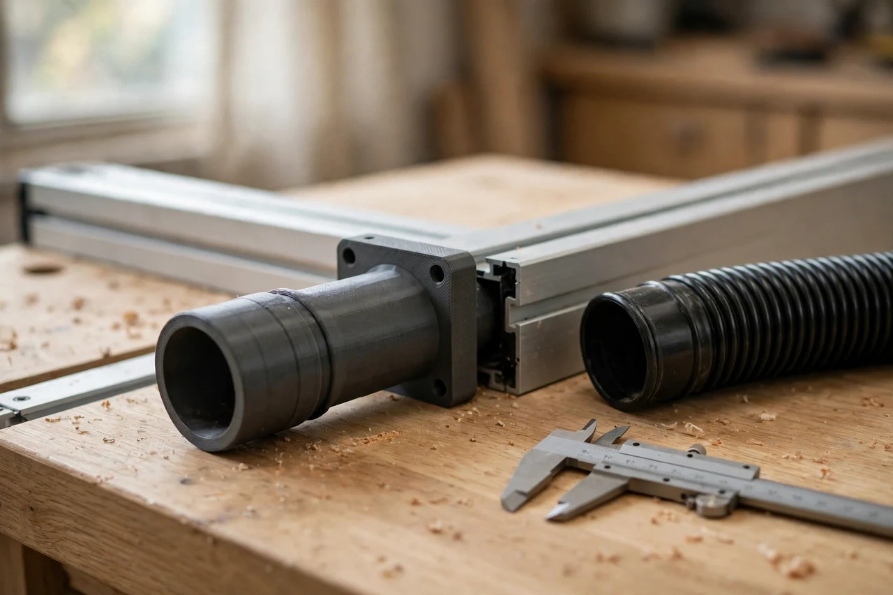 Home workshop scene on a light oak workbench, a matte charcoal-gray 3D printed router table dust hose adapter beside a router table fence port and a dust hose and a pair of calipers, soft natural window light, shallow depth of field