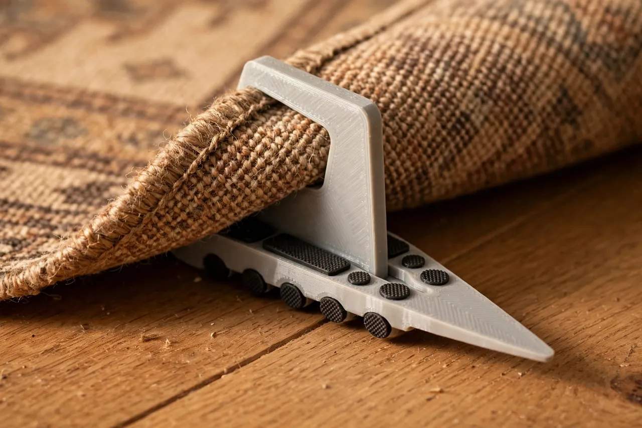Close-up of a 3D printed rug corner gripper being slipped under a curled rug corner on a wooden floor
