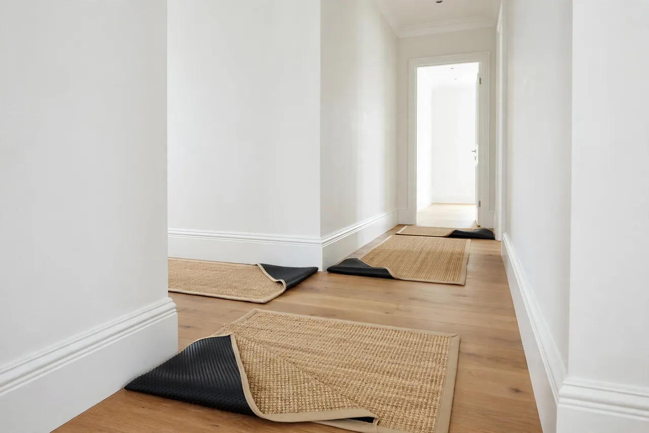 A finished hallway with a runner rug lying flat at every corner on its printed grippers, skirting boards and doorway in view