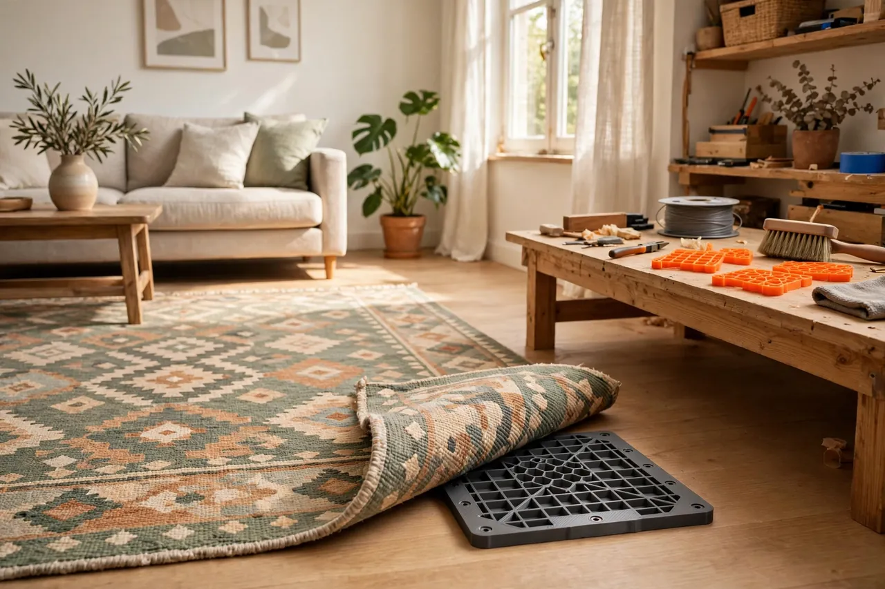 A bright living room with a patterned rug lying perfectly flat