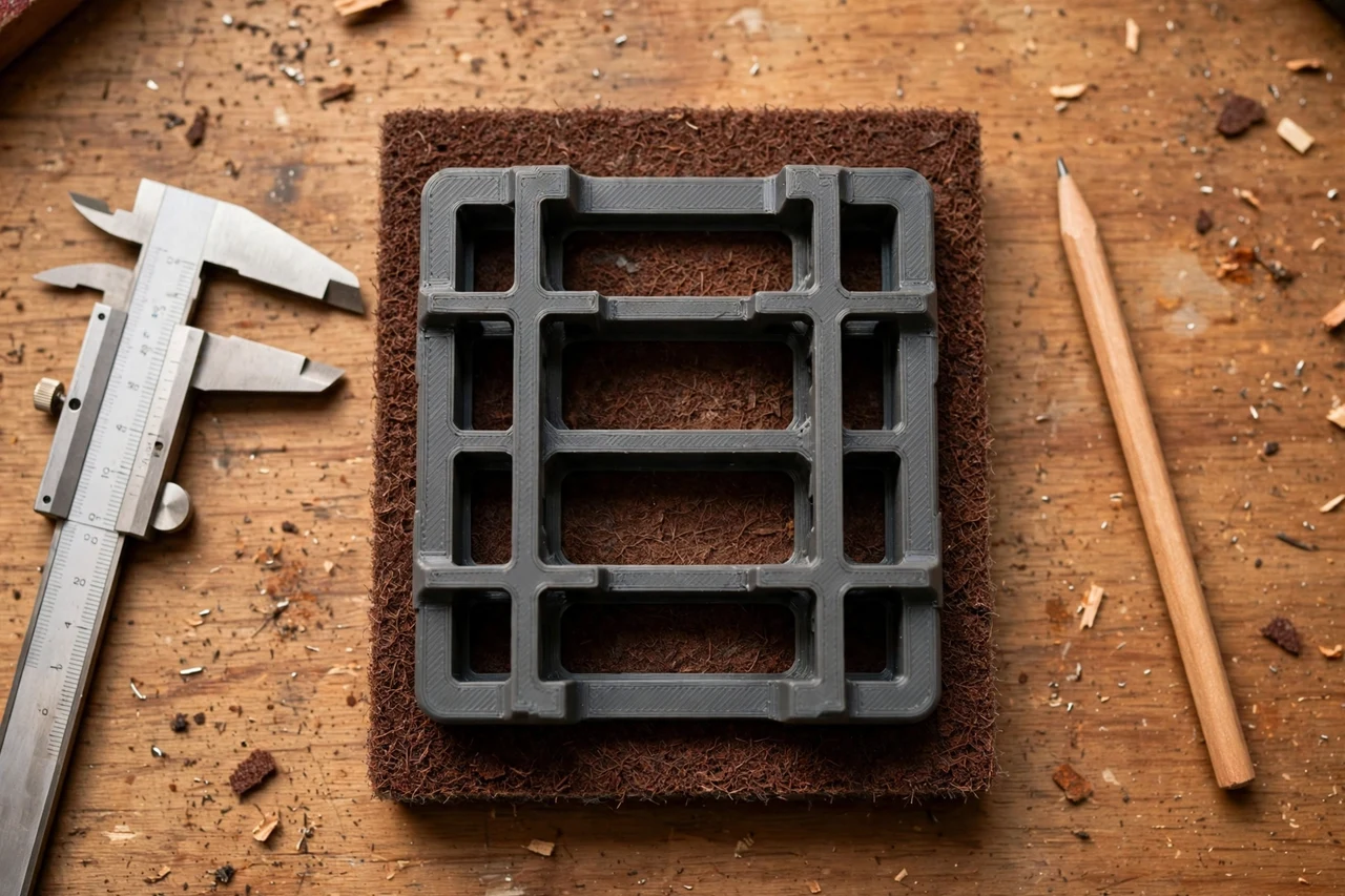 Close-up top-down view of a matte charcoal-gray 3D printed rust removal pad holder being test-fitted against a rust removal pad for a hand tool surface on a workbench, calipers and a pencil nearby, warm workshop lighting