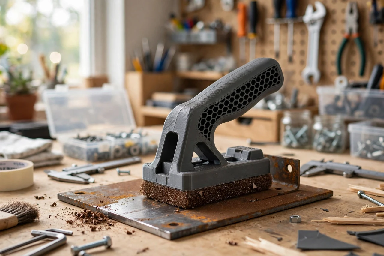 View of the finished 3D printed rust removal pad holder in use on a home repair project on a workbench, tidy workshop background in soft focus, bright natural light