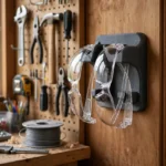 A bright home workshop scene, a matte charcoal-gray 3D printed safety glasses holder mounted beside a workshop door holding two pairs of clear safety