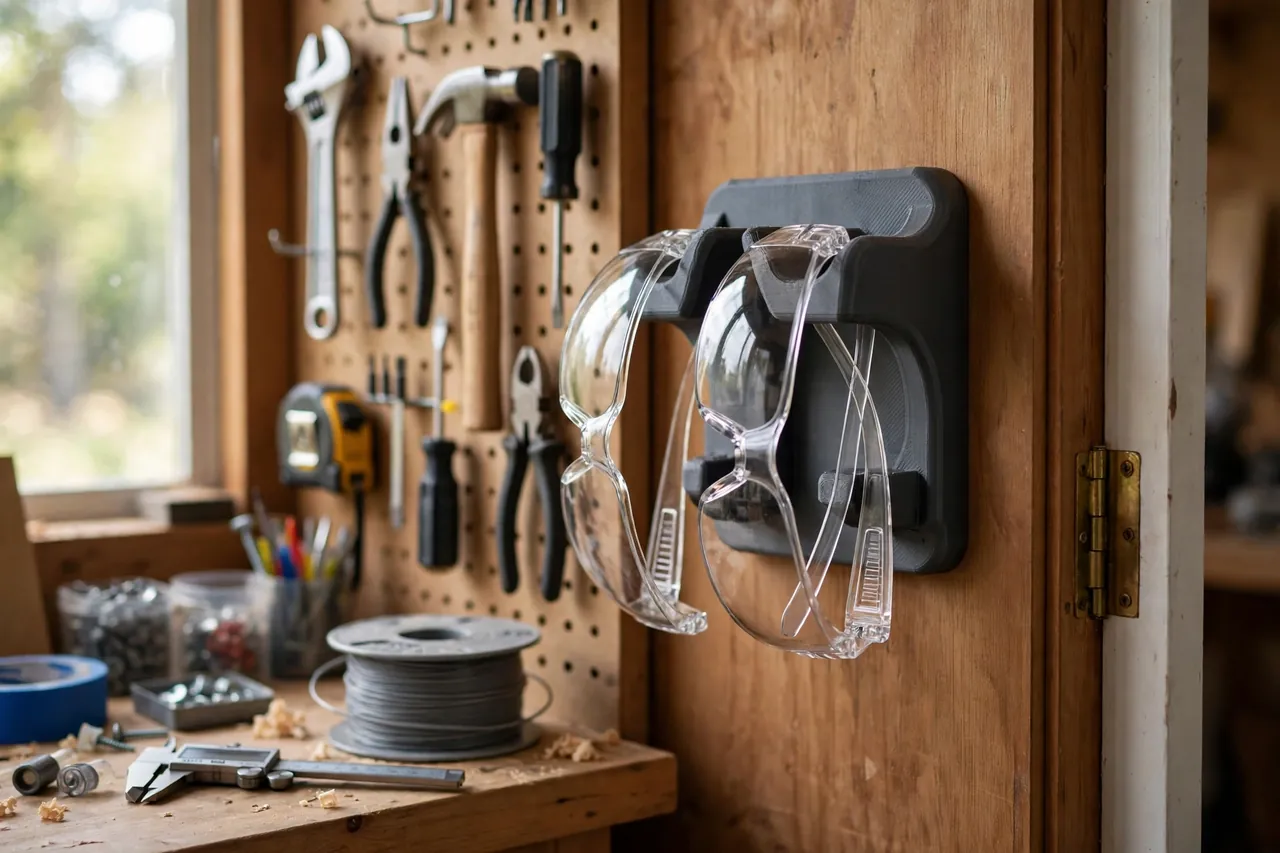 A bright home workshop scene, a matte charcoal-gray 3D printed safety glasses holder mounted beside a workshop door holding two pairs of clear safety