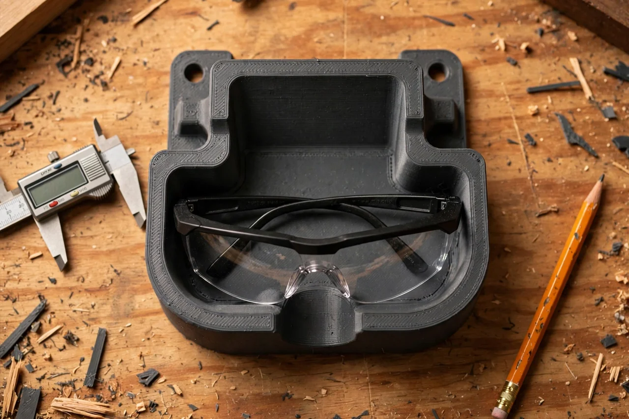Close-up top-down view of a matte charcoal-gray 3D printed safety glasses wall dock being test-fitted with safety glasses on a workbench, calipers and a pencil nearby, warm workshop lighting