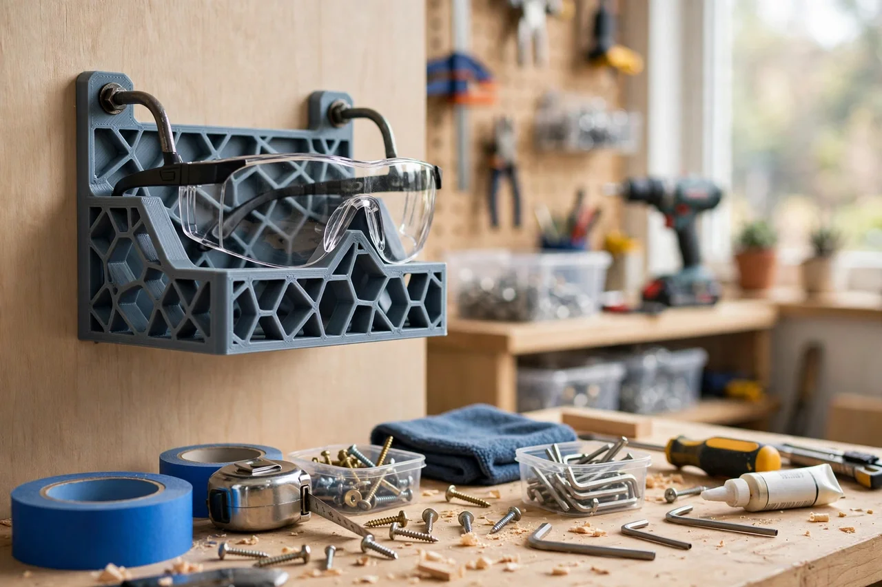 View of the finished 3D printed safety glasses wall dock in use during a home repair tidy-up on a workbench, tidy workshop background in soft focus, bright natural light