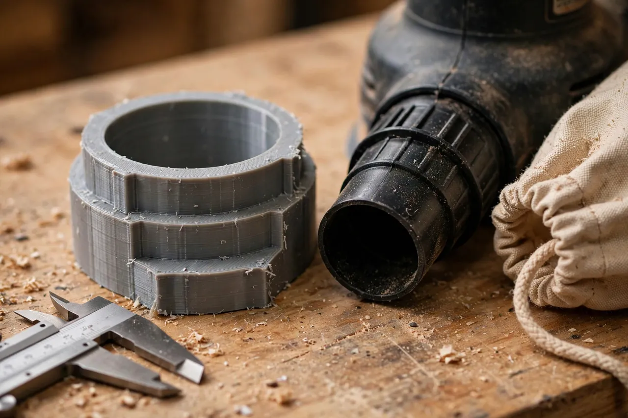 Close-up of hands-free detail view of a 3D printed stepped adapter ring beside a sander dust port and a dust bag neck on a workbench, calipers