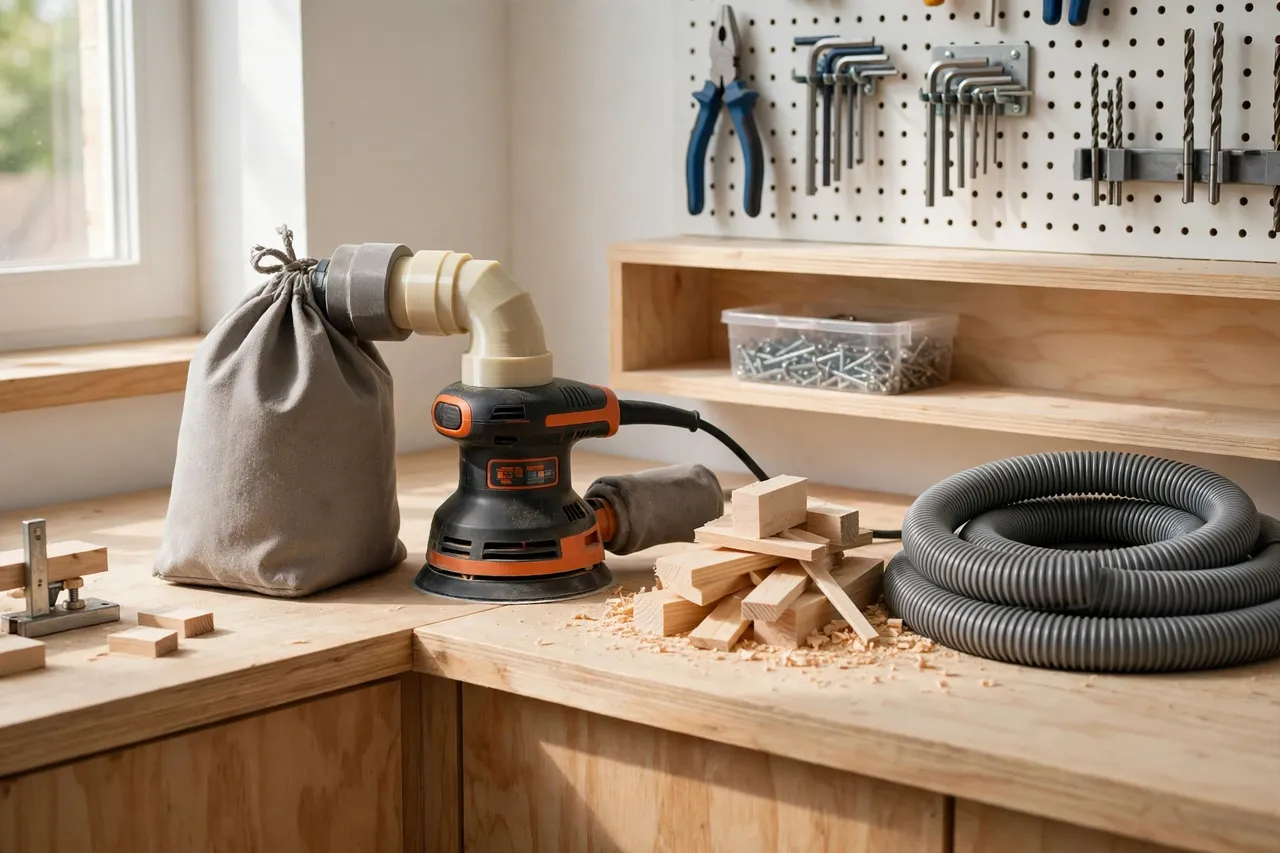 A tidy workshop corner with a sander fitted with a dust bag through a printed adapter