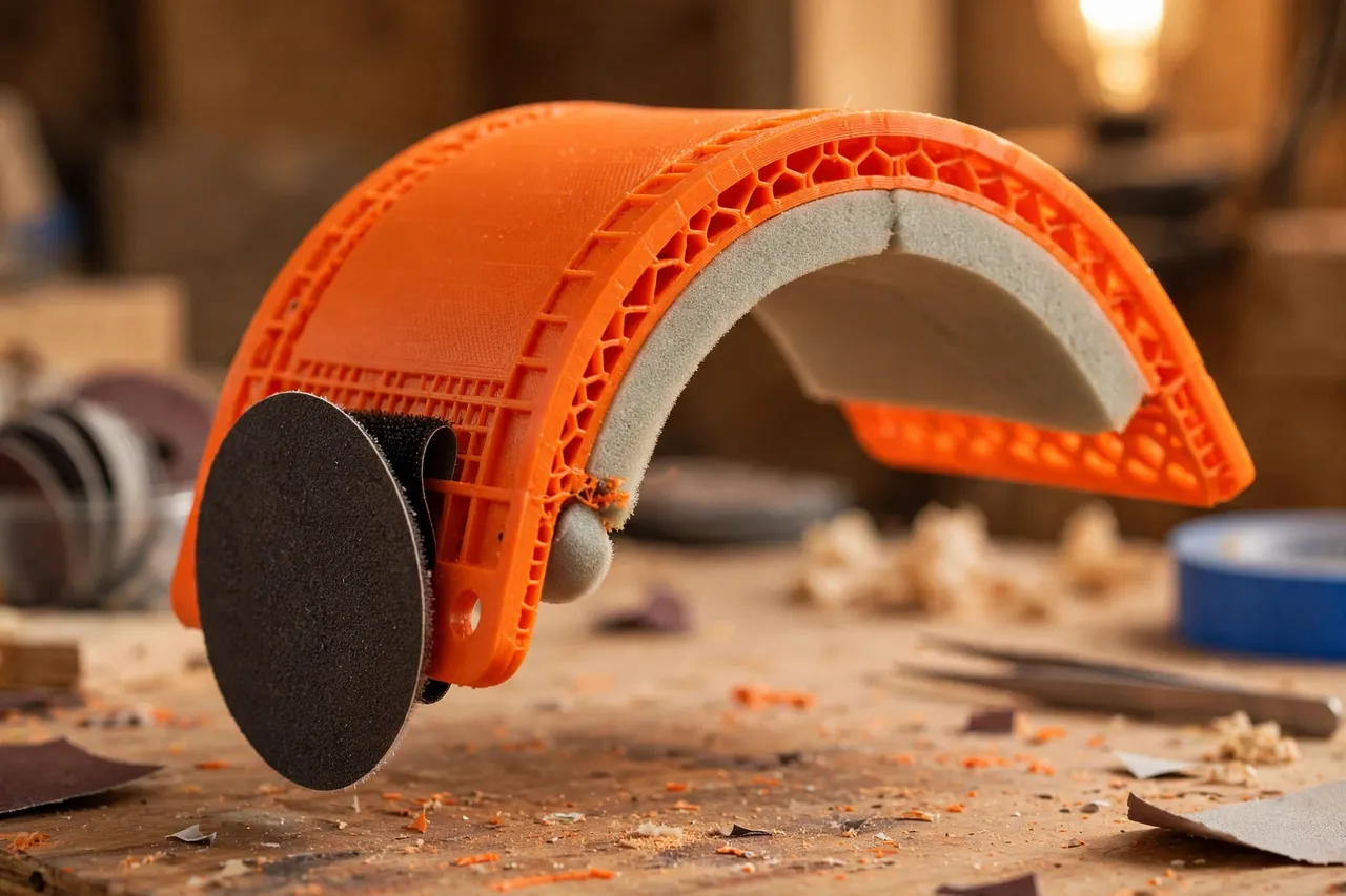 Close-up of a flexible bright-orange 3D printed interface pad being bent gently between its edges above a workbench to show its cushion, a sanding