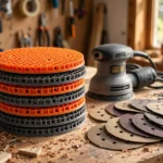 A bright home workshop scene with a stack of bright-orange and matte charcoal-gray 3D printed flexible sander interface pads beside a round orbital