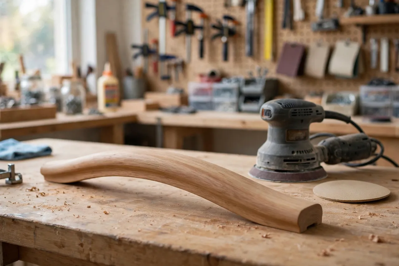 A finished curved wooden chair rail sanded silky smooth resting on a workbench