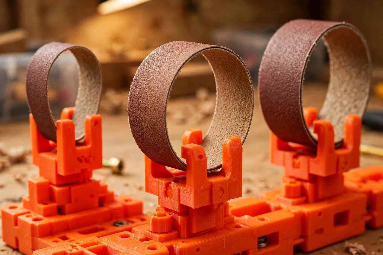 Close-up view of a bright-orange 3D printed rack arm holding a sanding belt in a smooth flat loop