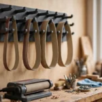 A bright home workshop scene, a matte charcoal-gray 3D printed sanding belt rack mounted on a wall with abrasive sanding belts hanging