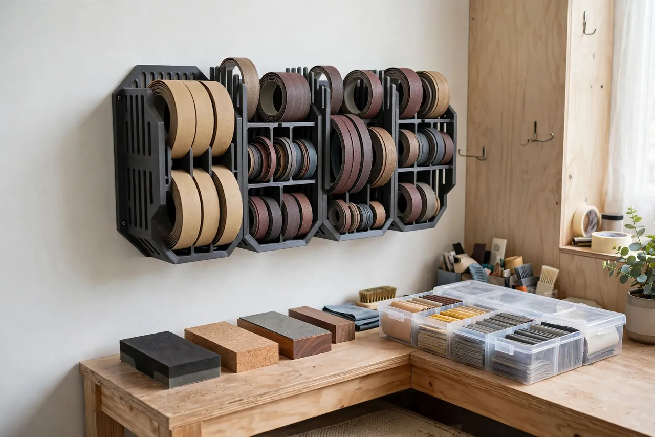 A finished sanding station corner with a 3D printed sanding belt rack full of sorted belts above a workbench