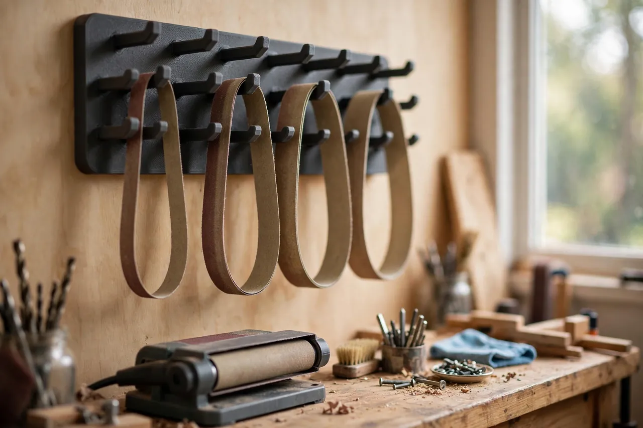 A bright home workshop scene, a matte charcoal-gray 3D printed sanding belt rack mounted on a wall with abrasive sanding belts hanging