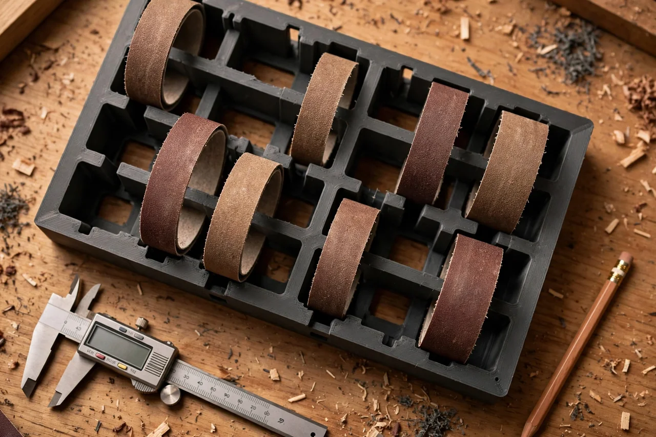Close-up top-down view of a matte charcoal-gray 3D printed sanding belt wall rack being test-fitted with sanding belts on a workbench, calipers and a pencil nearby, warm workshop lighting