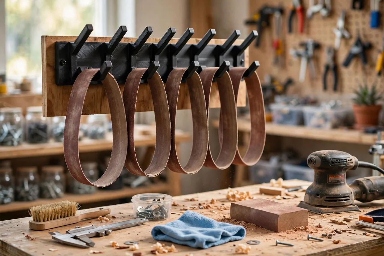 View of the finished 3D printed sanding belt wall rack in use during a home repair tidy-up on a workbench, tidy workshop background in soft focus, bright natural light