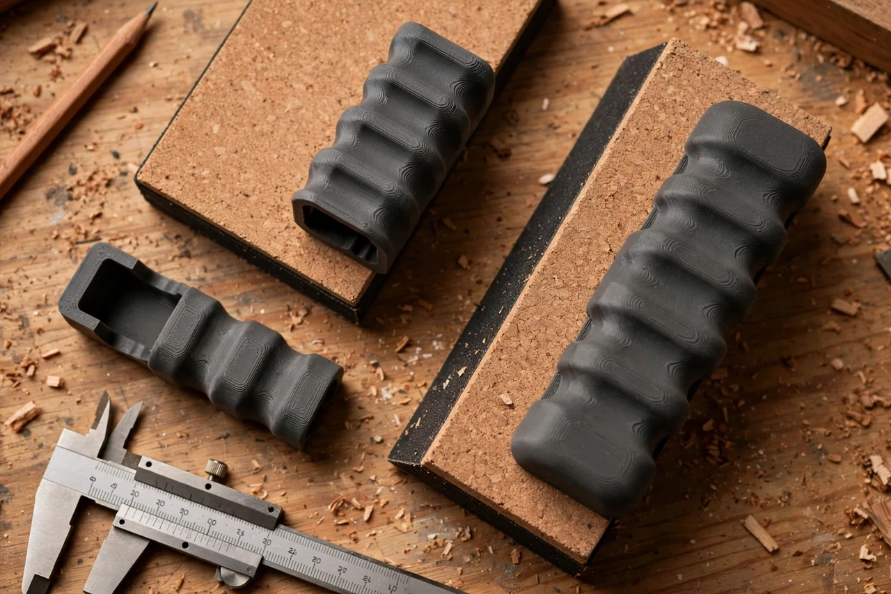 Close-up top-down view of a matte charcoal-gray 3D printed sanding block grip holders being test-fitted against sanding blocks given a comfortable printed grip on a workbench, calipers and a pencil nearby, warm workshop lighting