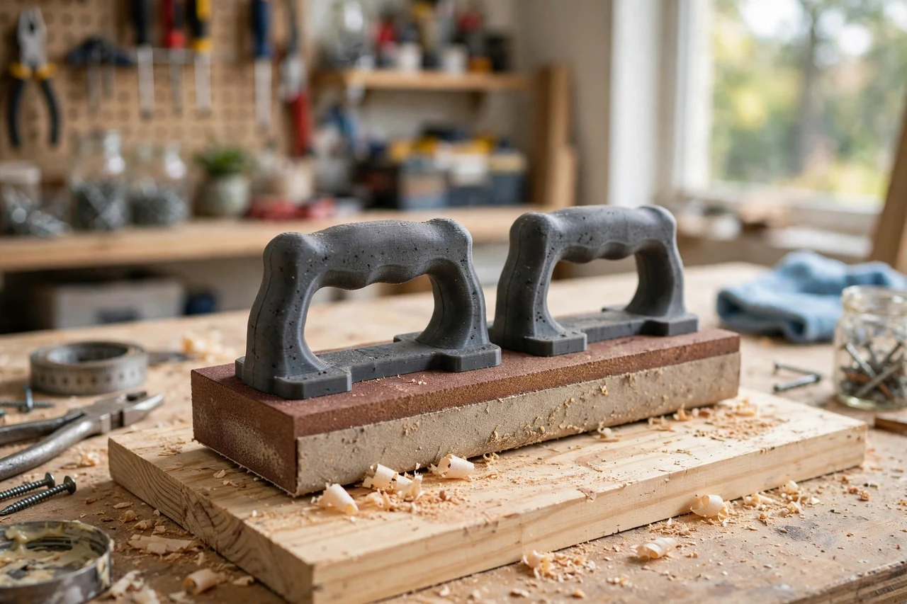 View of the finished 3D printed sanding block grip holders in use on a home repair project on a workbench, tidy workshop background in soft focus, bright natural light
