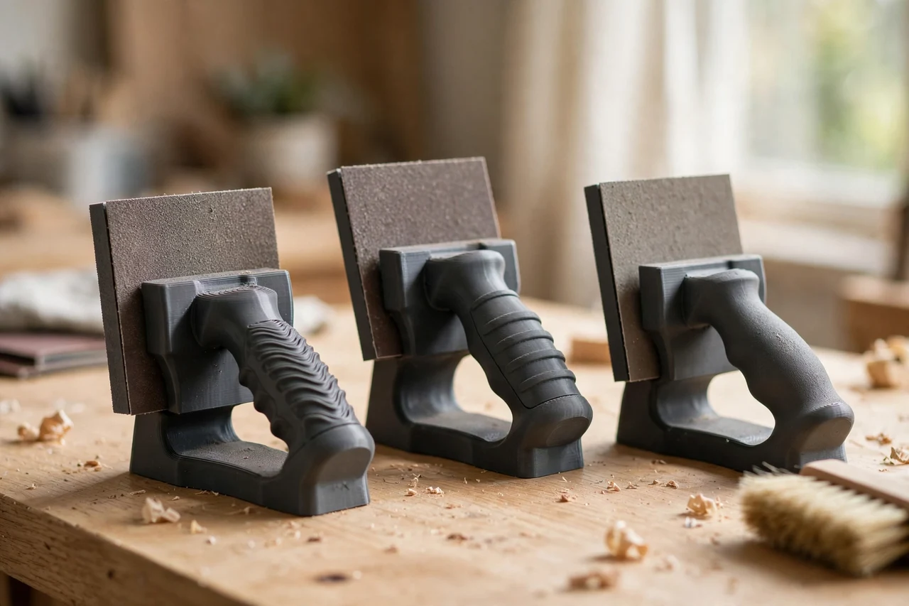 Home workshop scene on a light oak workbench, a matte charcoal-gray 3D printed sanding block grip holders holding sanding blocks given a comfortable printed grip, soft natural window light, shallow depth of field