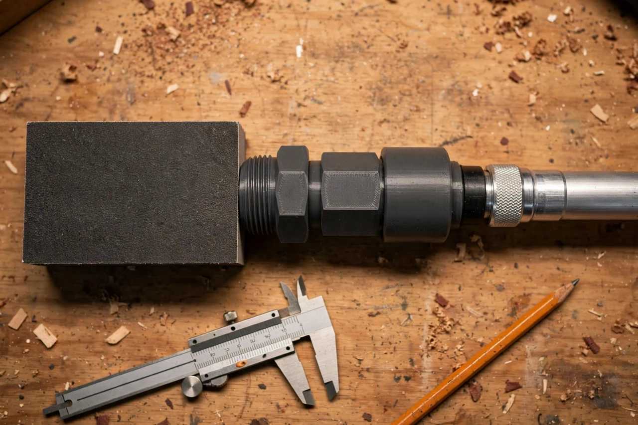 Close-up top-down view of a matte charcoal-gray 3D printed sanding block pole adapter being test-fitted against a sanding block and an extension pole on a workbench, calipers and a pencil nearby, warm workshop lighting