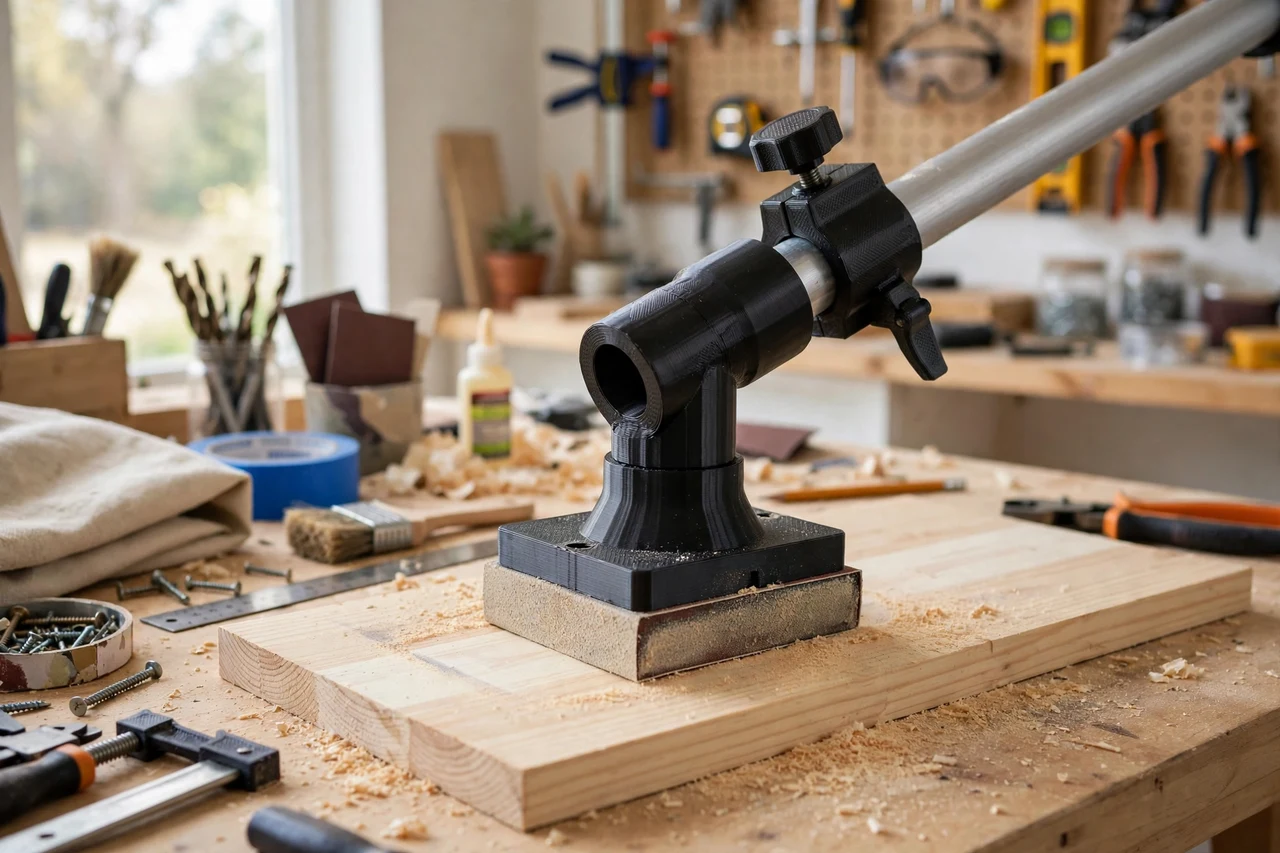 View of the finished 3D printed sanding block pole adapter in use on a home repair project on a workbench, tidy workshop background in soft focus, bright natural light