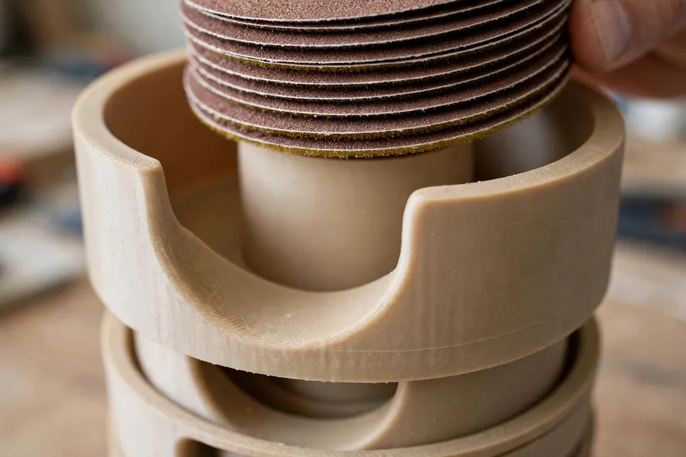 Close-up of one compartment of a printed sanding disc tower being loaded with a stack of fresh hook-and-loop discs