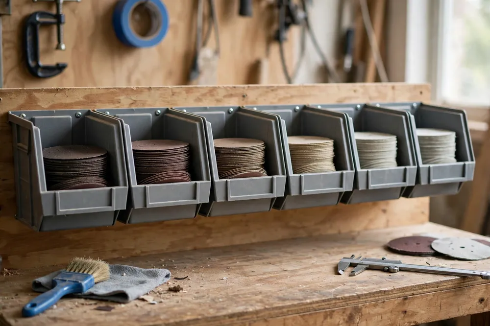 A wall-mounted row of printed disc storage compartments above a workbench, each holding a different grit of 5-inch sanding discs
