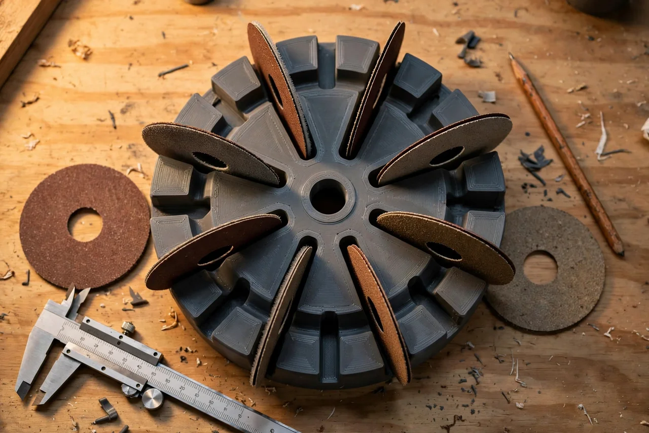 Close-up top-down view of a matte charcoal-gray 3D printed sanding disc wall carousel being test-fitted with sanding discs on a workbench, calipers and a pencil nearby, warm workshop lighting