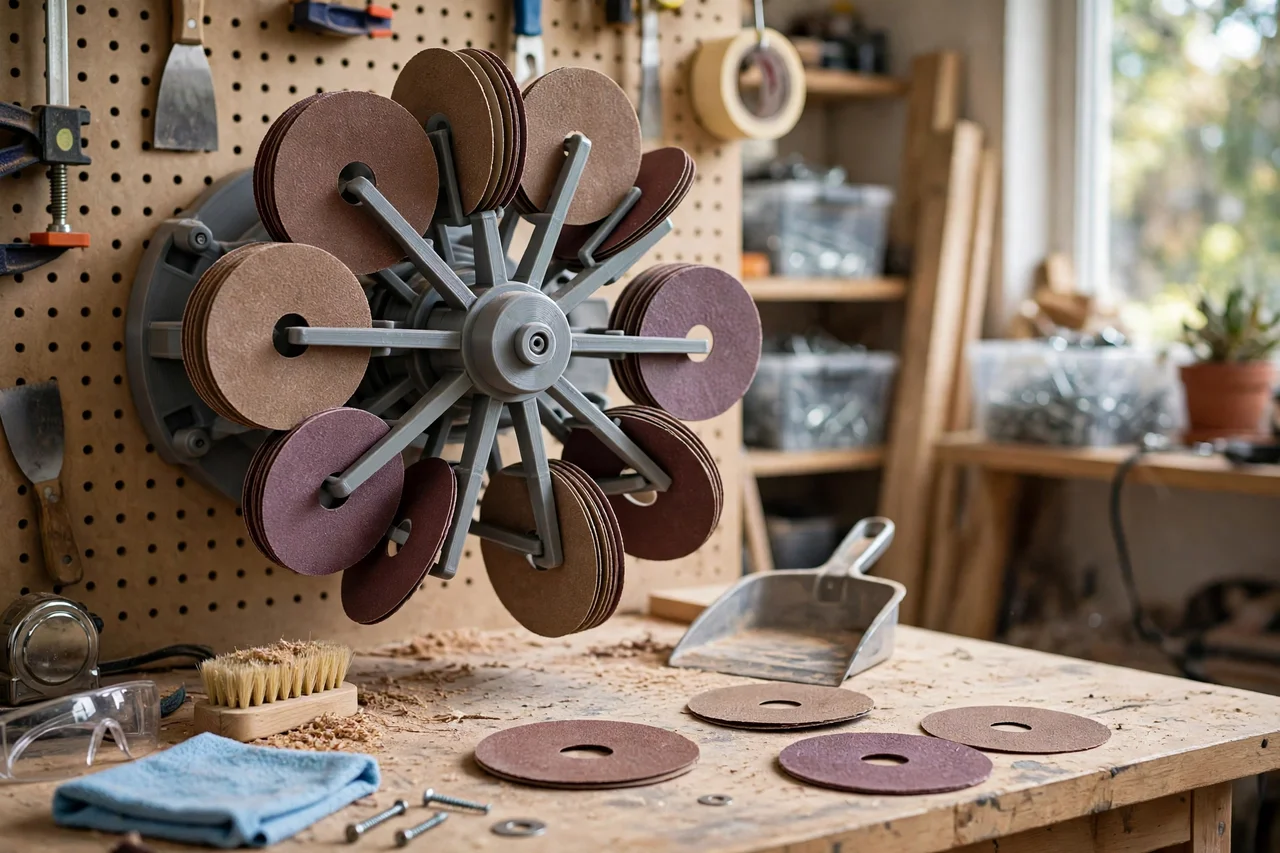 View of the finished 3D printed sanding disc wall carousel in use during a home repair tidy-up on a workbench, tidy workshop background in soft focus, bright natural light