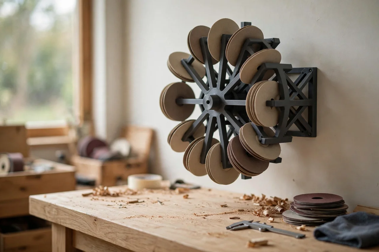 Home workshop scene on a light oak workbench, a matte charcoal-gray 3D printed sanding disc wall carousel holding sanding discs, soft natural window light, shallow depth of field