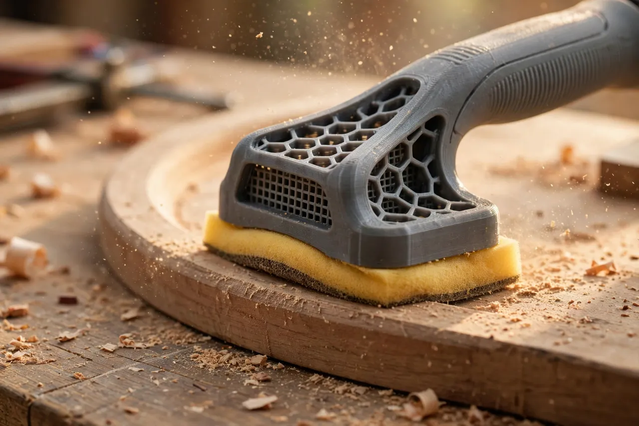 Close-up of a 3D printed sanding sponge grip pressing a sanding sponge flat along a curved wooden edge on a workbench