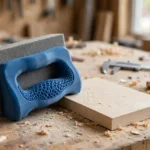 A bright workshop bench with a matte blue 3D printed sanding sponge grip holding a gray sanding sponge