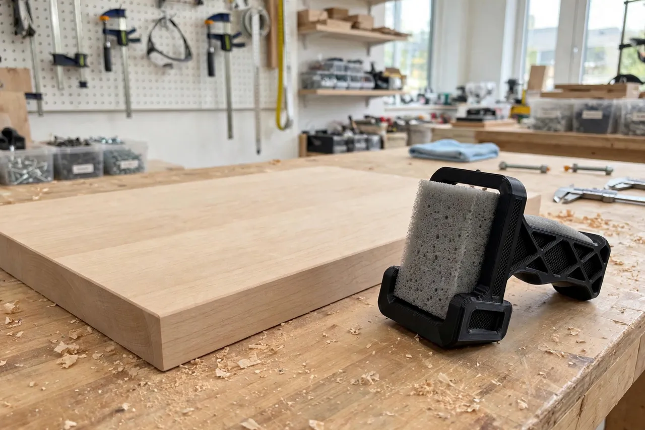 A finished smooth wooden board with an even sanded surface, the printed sponge grip resting beside it on the bench, bright clean workshop interior