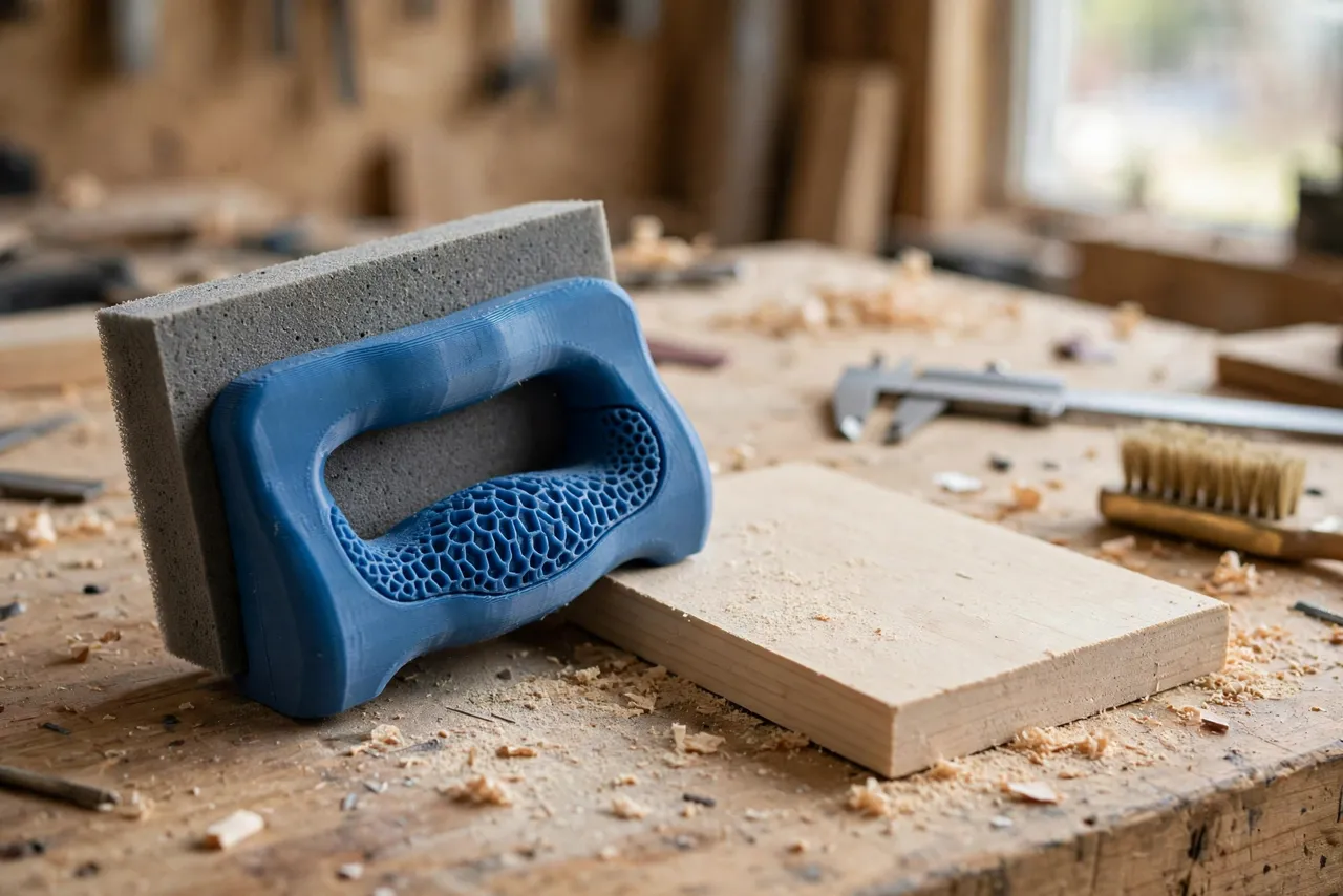 A bright workshop bench with a matte blue 3D printed sanding sponge grip holding a gray sanding sponge