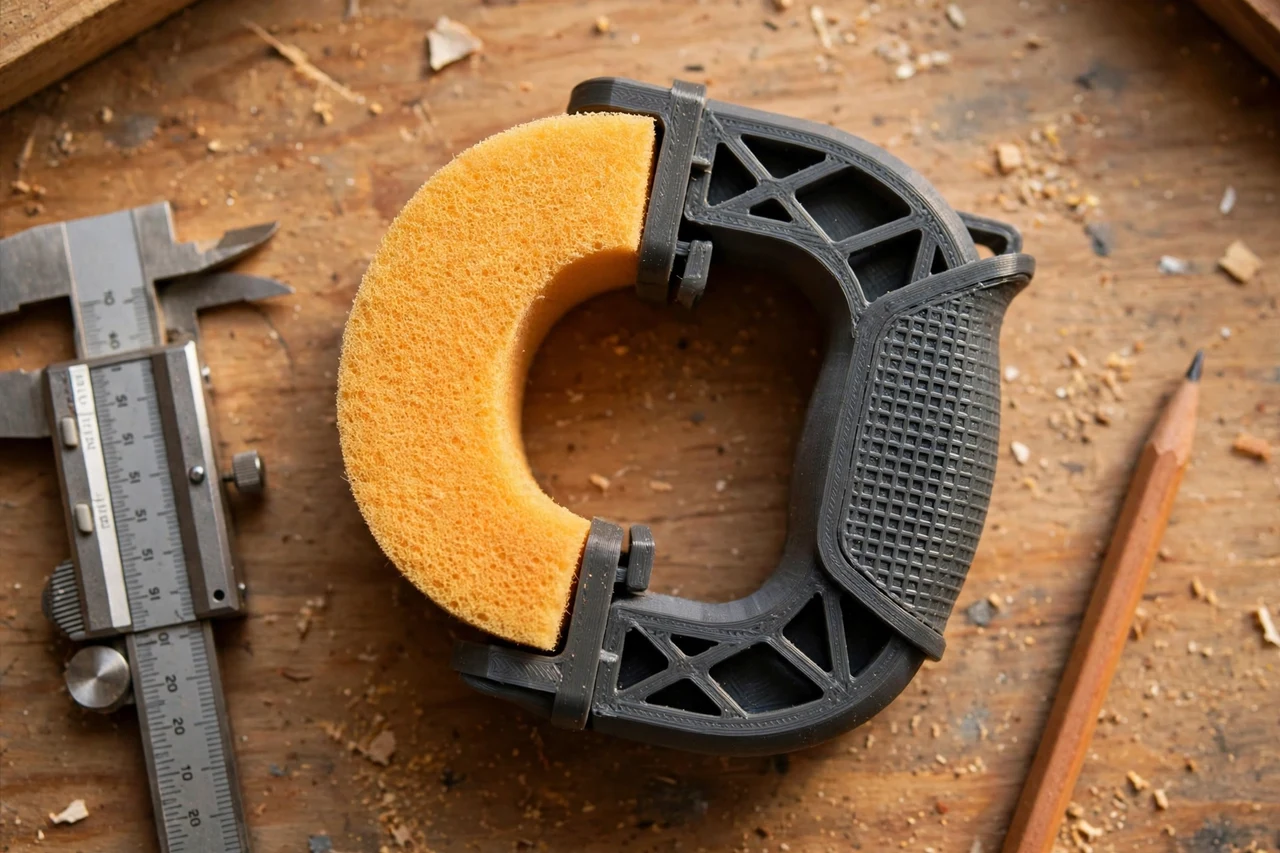 Close-up top-down view of a matte charcoal-gray 3D printed sanding sponge holder grip being test-fitted against a sanding sponge shaped for a rounded edge on a workbench, calipers and a pencil nearby, warm workshop lighting
