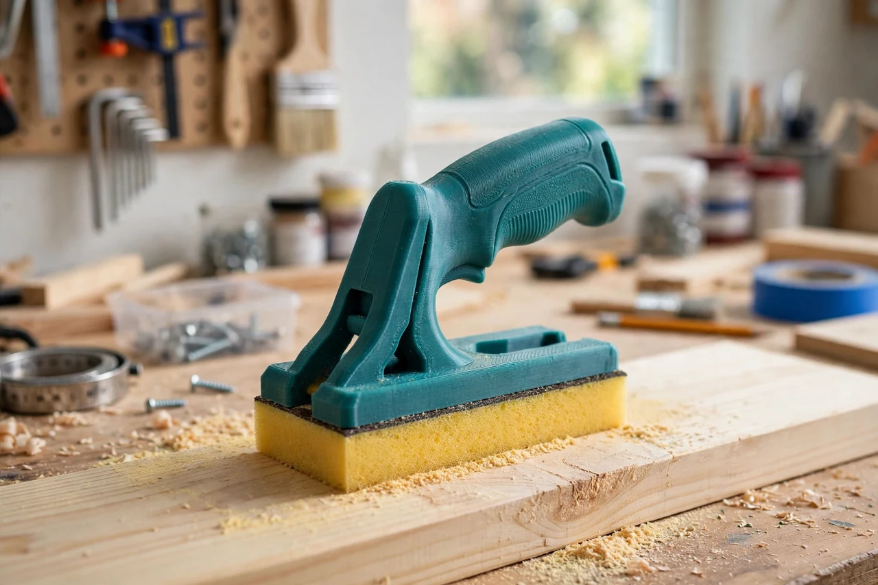 View of the finished 3D printed sanding sponge holder grip in use on a home repair project on a workbench, tidy workshop background in soft focus, bright natural light