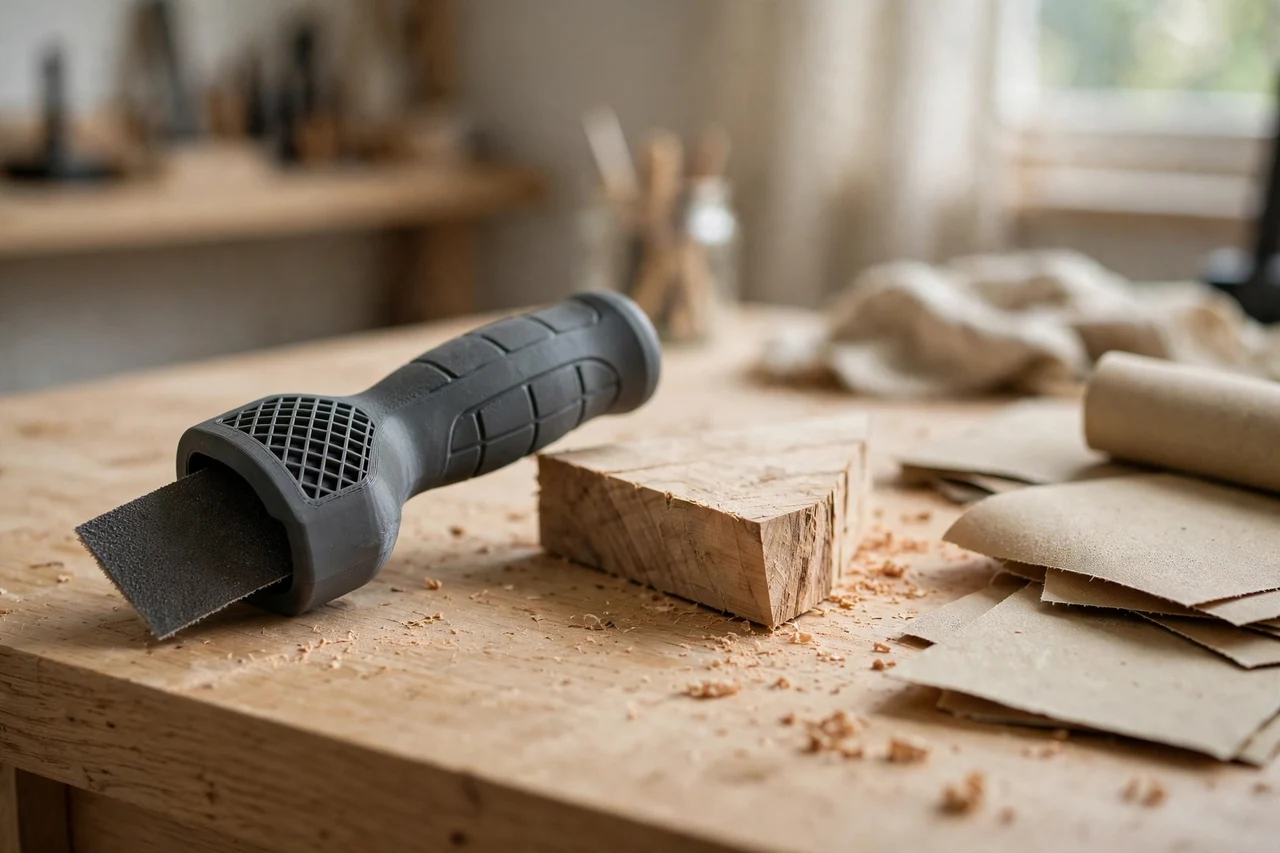 Home workshop scene on a light oak workbench, a matte charcoal-gray 3D printed sanding sponge holder grip beside a shaped timber offcut and sandpaper sheets, soft natural window light, shallow depth of field