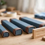 A bright home workshop scene on a light oak workbench
