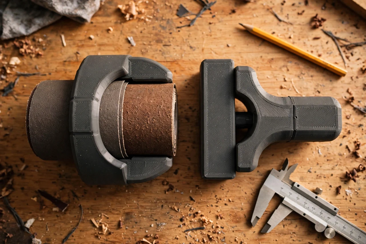 Close-up top-down view of a matte charcoal-gray 3D printed sandpaper roll block adapter being test-fitted against a sandpaper roll and a sanding block on a workbench, calipers and a pencil nearby, warm workshop lighting