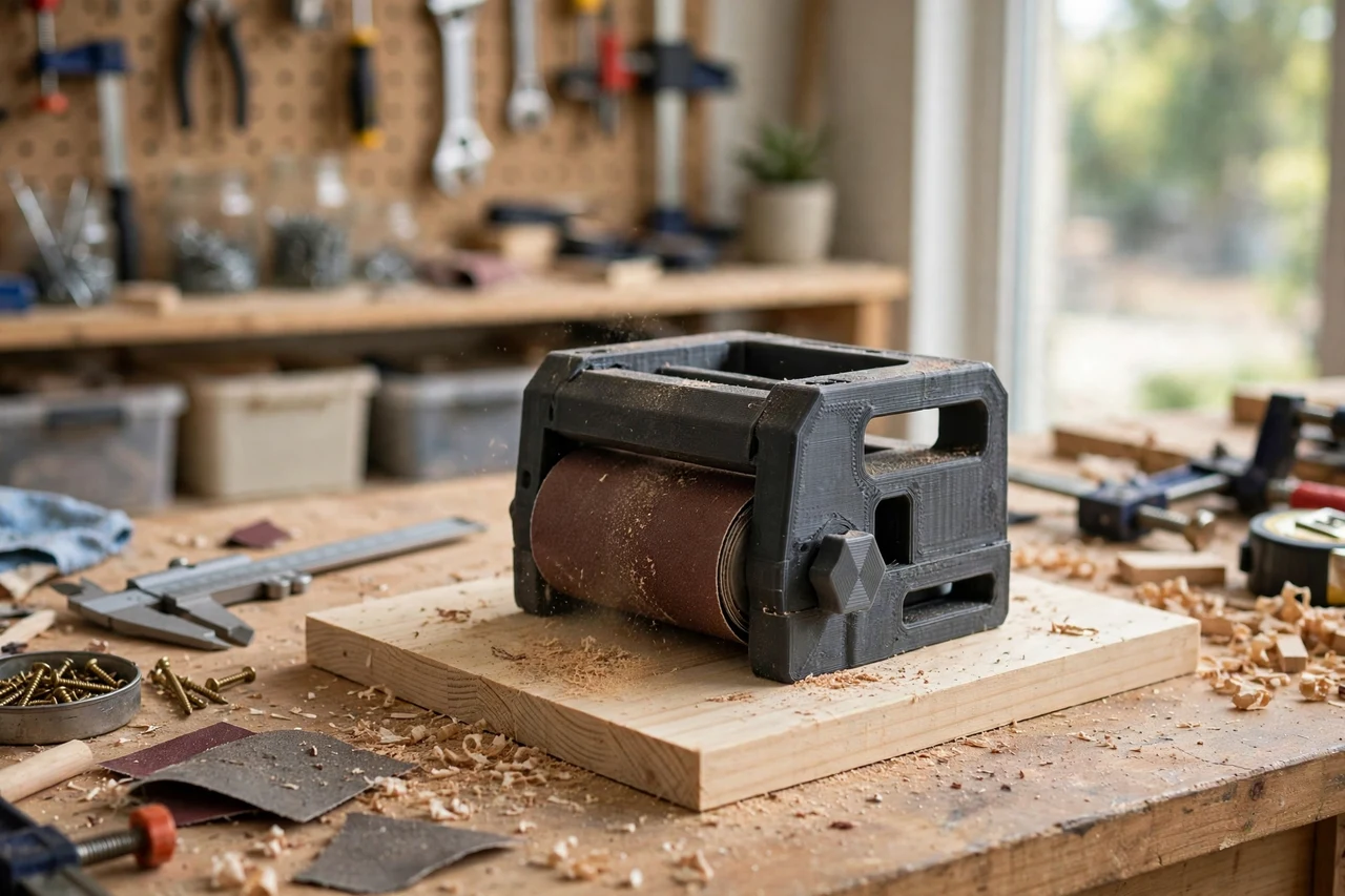 View of the finished 3D printed sandpaper roll block adapter in use on a home repair project on a workbench, tidy workshop background in soft focus, bright natural light