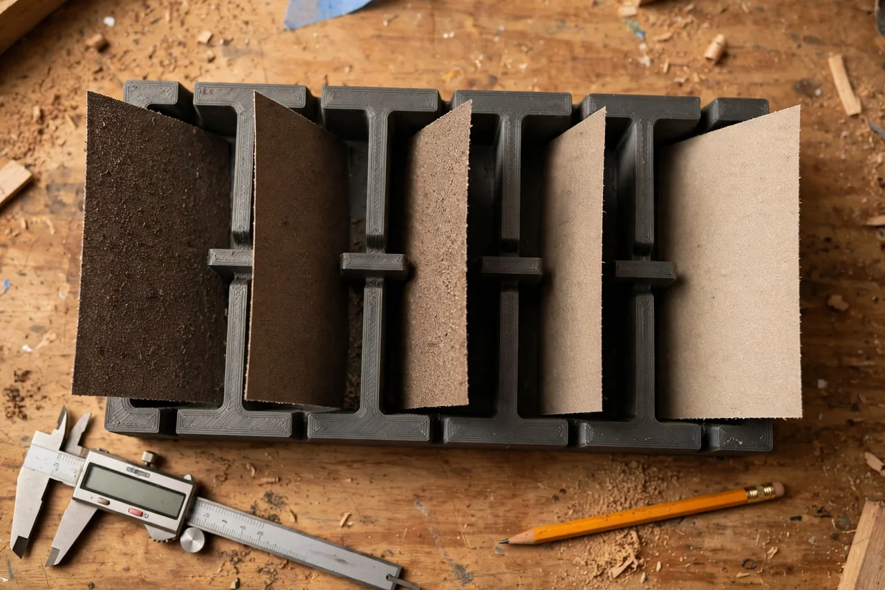 Close-up top-down view of a matte charcoal-gray 3D printed sandpaper sheet sorting rack being test-fitted with sandpaper sheets by grit on a workbench, calipers and a pencil nearby, warm workshop lighting