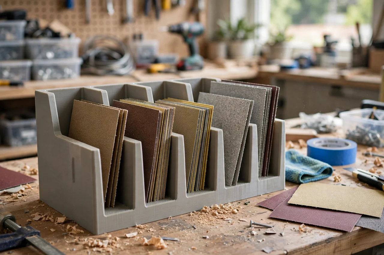 View of the finished 3D printed sandpaper sheet sorting rack in use during a home repair tidy-up on a workbench, tidy workshop background in soft focus, bright natural light