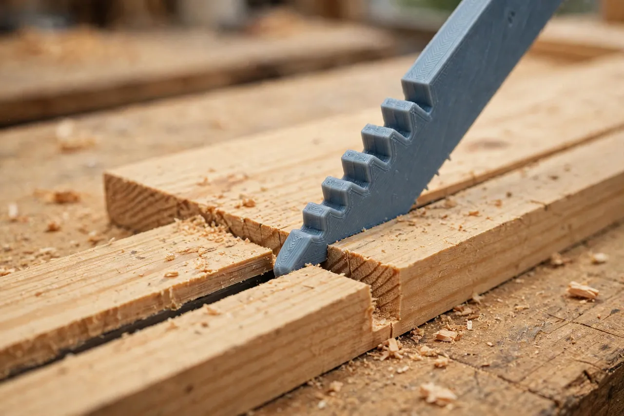 Close-up view of a 3D printed kerf gauge being slid into a freshly cut saw kerf in a pine board on a workbench