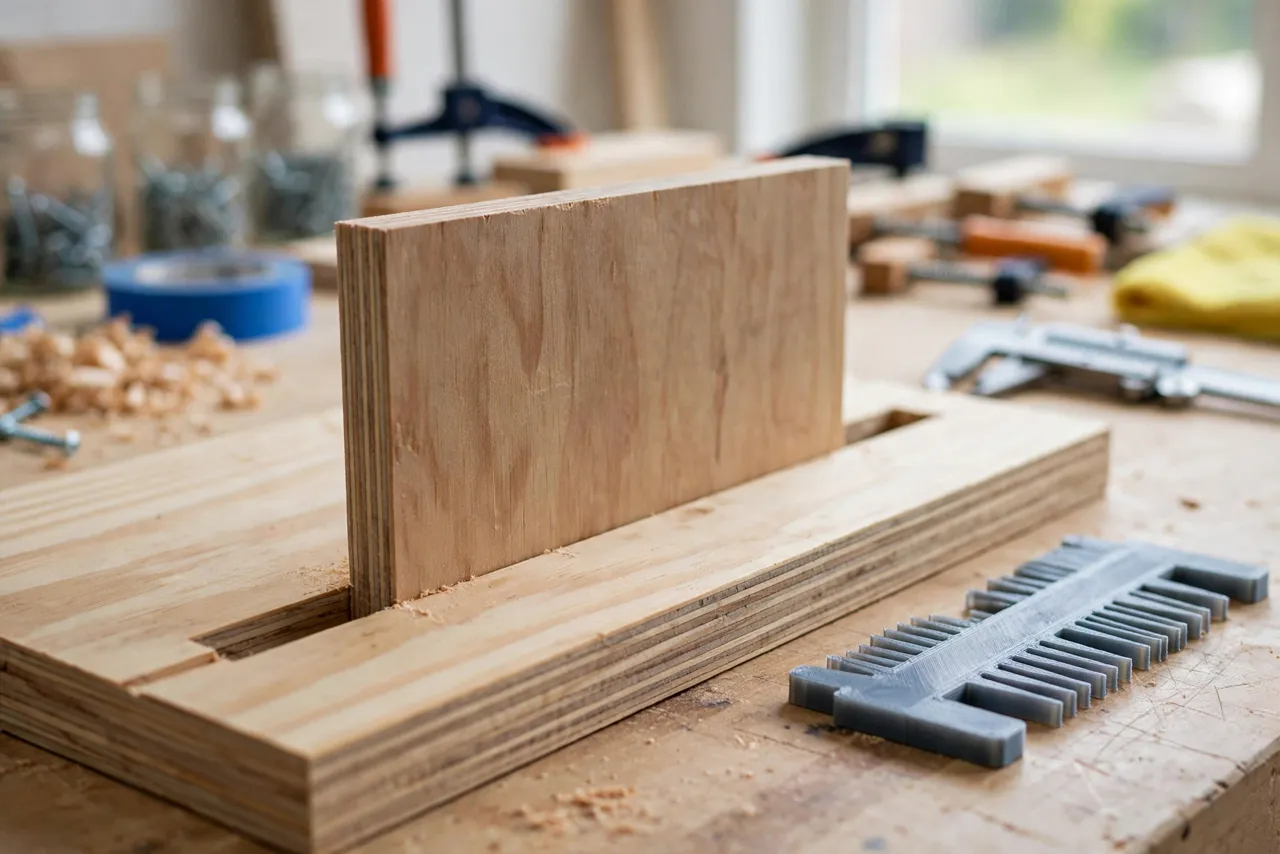 A wooden board with a clean dado slot holding a snug-fitting plywood panel