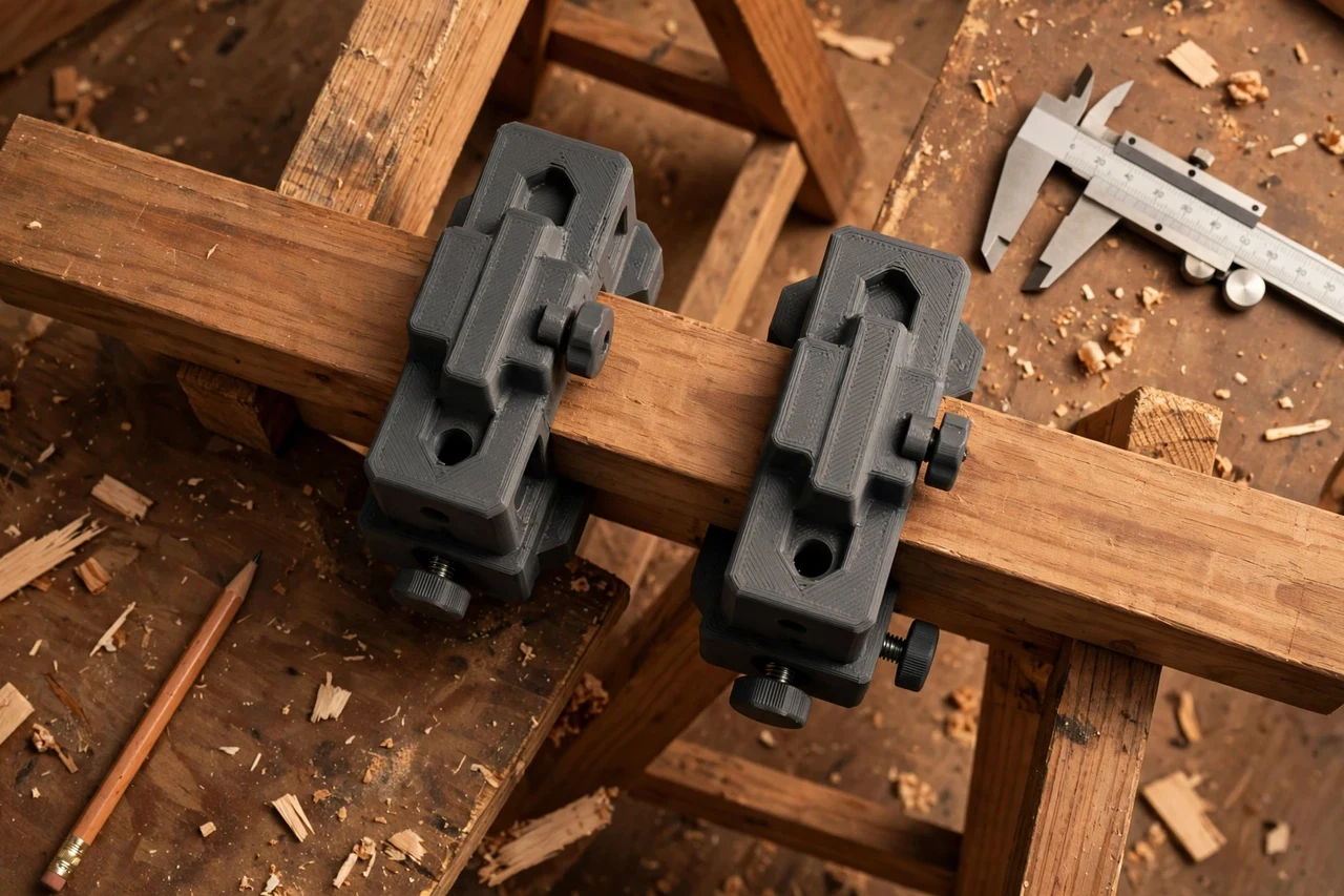 Close-up top-down view of a matte charcoal-gray 3D printed sawhorse clamp blocks being test-fitted against boards clamped across a pair of sawhorses on a workbench, calipers and a pencil nearby, warm workshop lighting