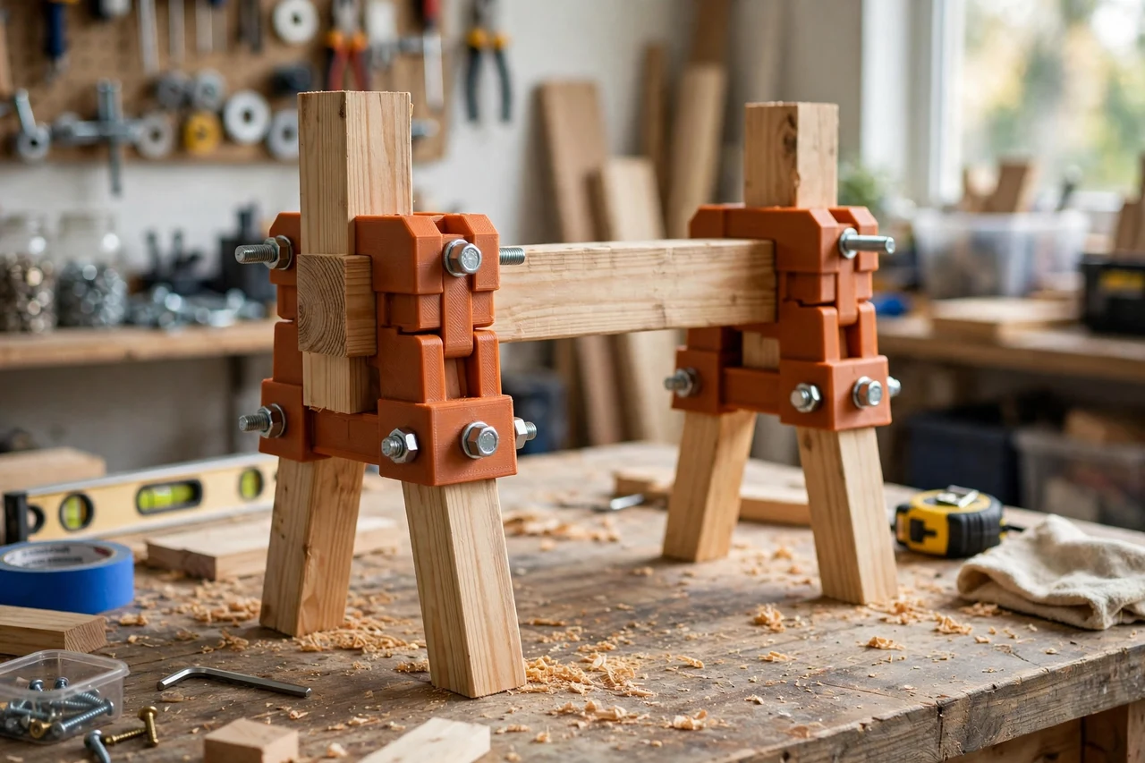 View of the finished 3D printed sawhorse clamp blocks in use on a home repair project on a workbench, tidy workshop background in soft focus, bright natural light