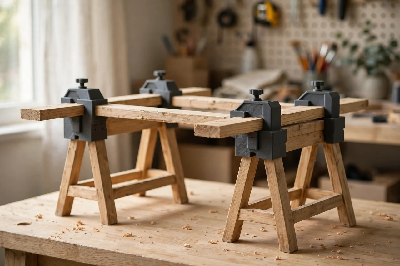 Home workshop scene on a light oak workbench, a matte charcoal-gray 3D printed sawhorse clamp blocks holding boards clamped across a pair of sawhorses, soft natural window light, shallow depth of field