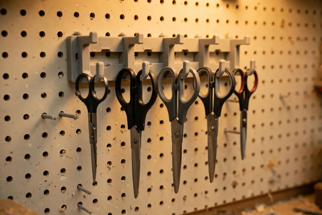 Close-up view of a 3D printed scissor rack mounted on a workshop wall