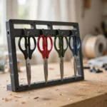 A bright home workshop scene on a light oak workbench